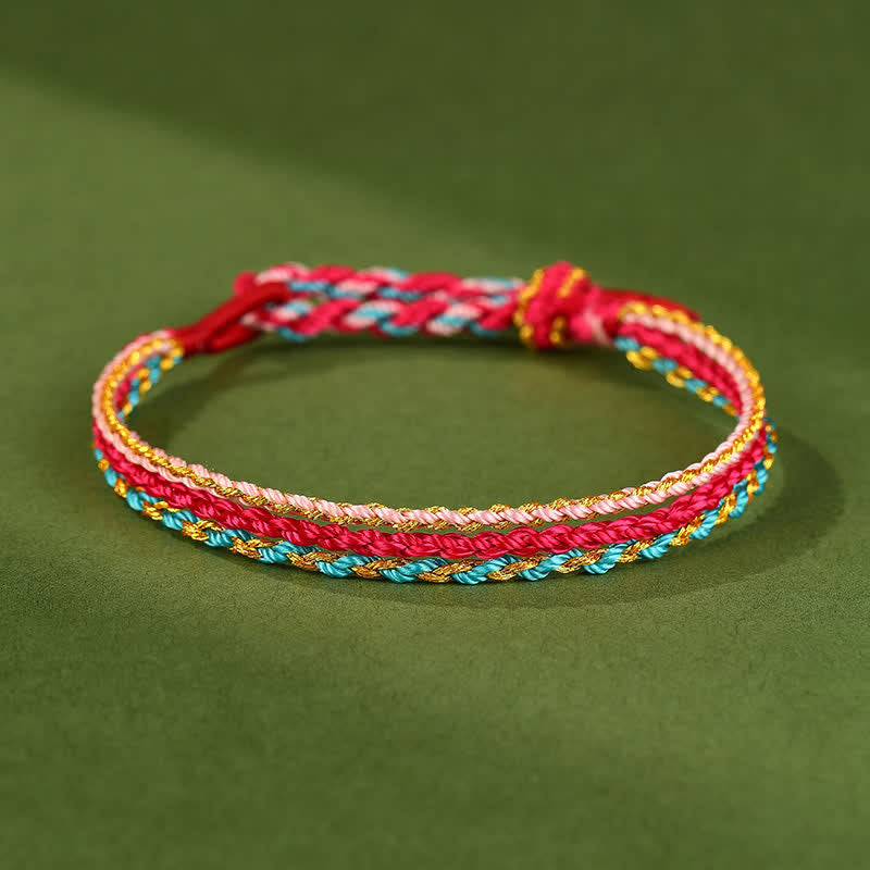 Buddha Stones Pulsera trenzada a mano con cordón de hilo colorido de triple vuelta y diseño de fe. - Rosa Rojo Azul Rosa - image 3