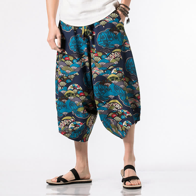 Buddha Stones Pantalones capri de lino y algodón con estampado floral y cordón ajustable, estilo bohemio veraniego para hombre. - Azul - US/UK/AU48，EU58(5XL) - image 0