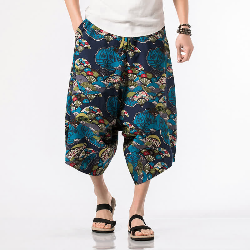 Buddha Stones Pantalones capri de lino y algodón con estampado floral y cordón ajustable, estilo bohemio veraniego para hombre. - image 1