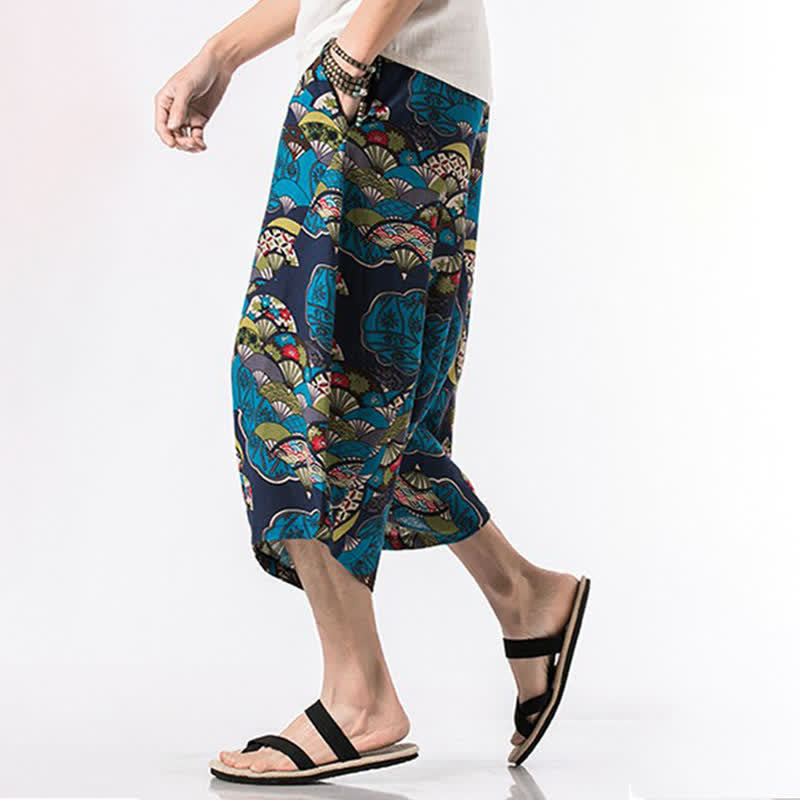 Buddha Stones Pantalones capri de lino y algodón con estampado floral y cordón ajustable, estilo bohemio veraniego para hombre. - image 5