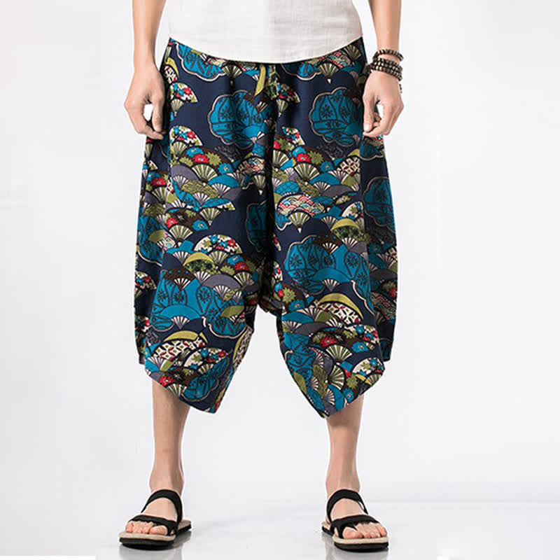 Buddha Stones Pantalones capri de lino y algodón con estampado floral y cordón ajustable, estilo bohemio veraniego para hombre. - image 3