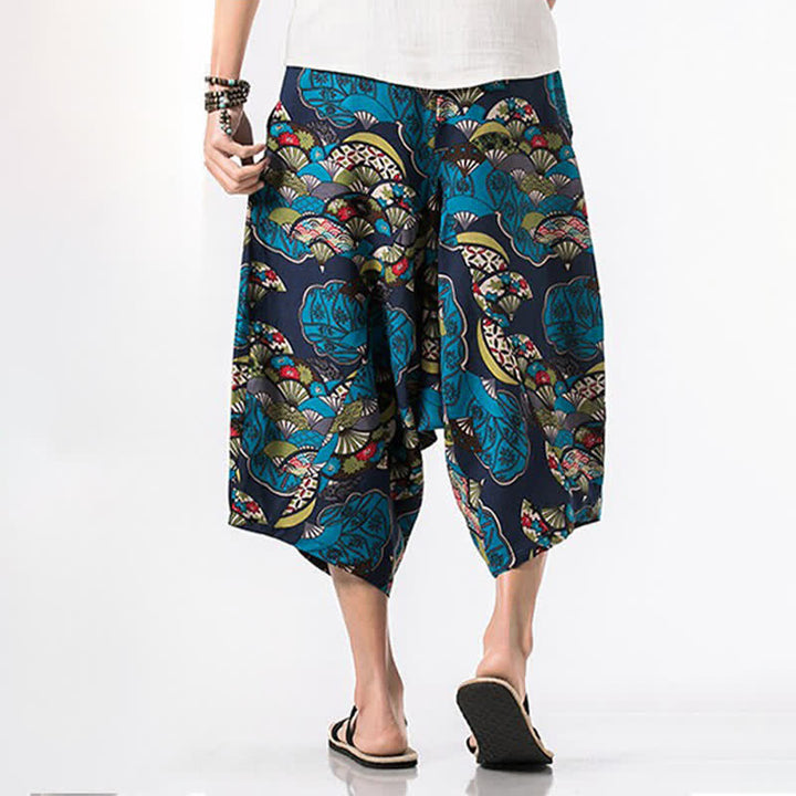 Buddha Stones Pantalones capri de lino y algodón con estampado floral y cordón ajustable, estilo bohemio veraniego para hombre. - image 6