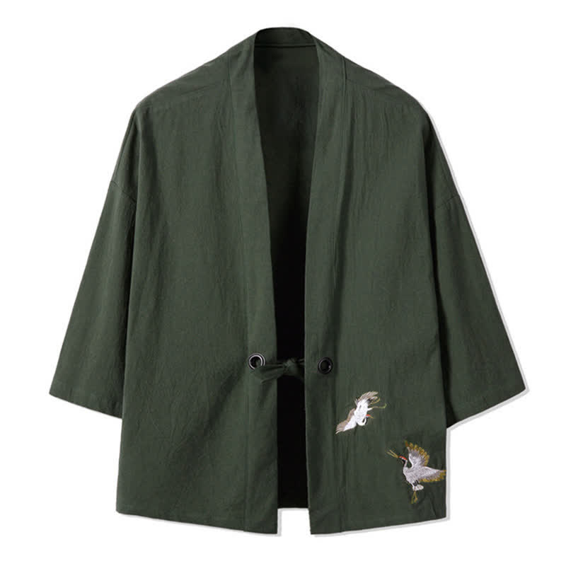 Buddha Stones Kimono de hombre de algodón y lino con bordado vintage y grullas, estilo casual de otoño. - Verde oliva oscuro - US/UK/AU48，EU58(5XL) - image 0