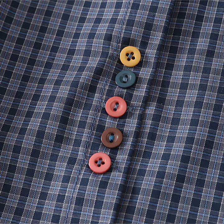 Buddha Stones Camisa de manga corta a cuadros con cuello mandarín y botones, estilo casual de verano para mujer, con bolsillo. - image 3