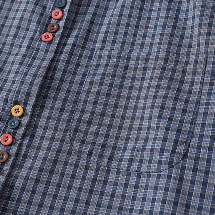 Buddha Stones Camisa de manga corta a cuadros con cuello mandarín y botones, estilo casual de verano para mujer, con bolsillo. - image 4