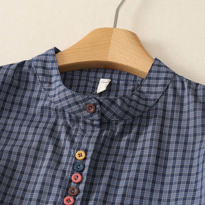 Buddha Stones Camisa de manga corta a cuadros con cuello mandarín y botones, estilo casual de verano para mujer, con bolsillo. - image 2