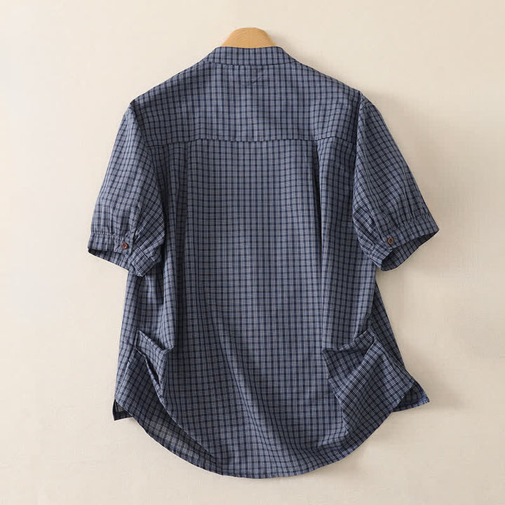 Buddha Stones Camisa de manga corta a cuadros con cuello mandarín y botones, estilo casual de verano para mujer, con bolsillo. - image 1