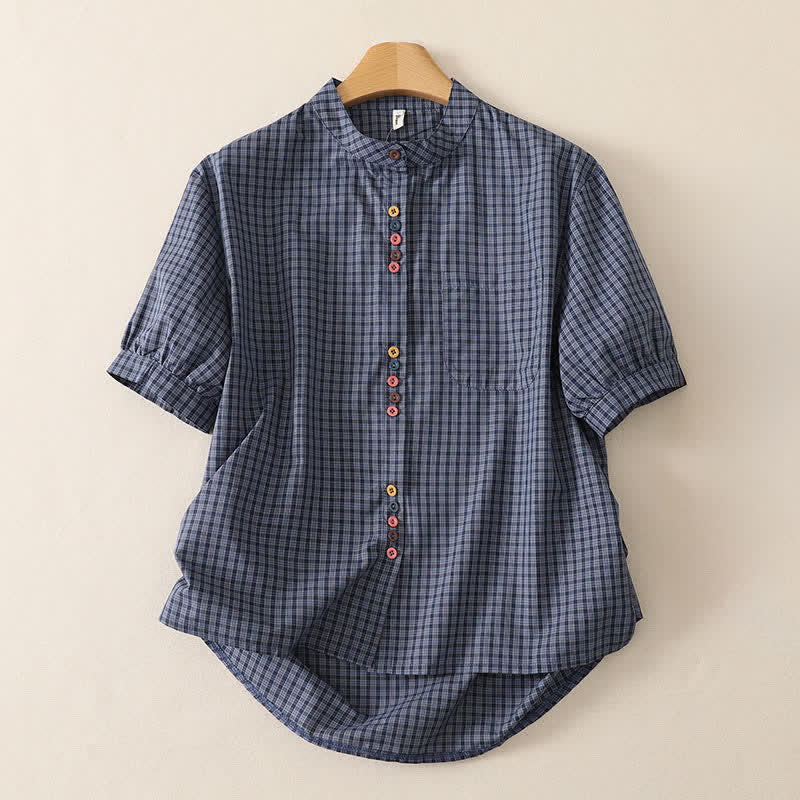 Buddha Stones Camisa de manga corta a cuadros con cuello mandarín y botones, estilo casual de verano para mujer, con bolsillo. - Gris pizarra - US12, UK/AU16, EU44 (2XL) - image 0