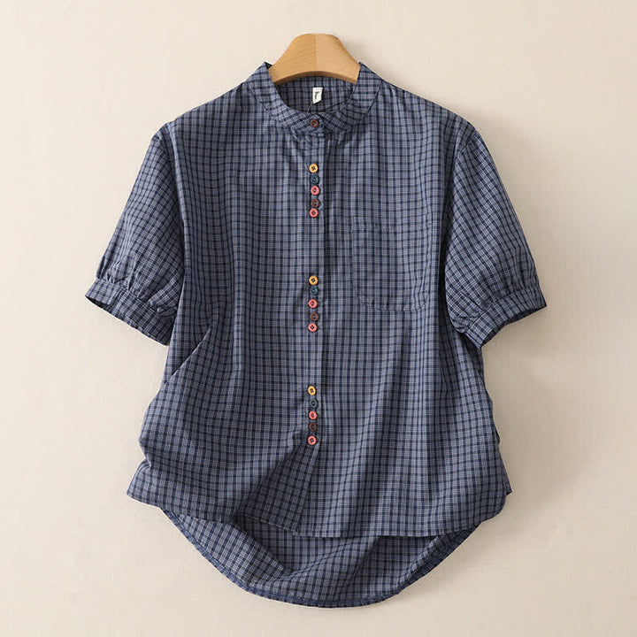 Buddha Stones Camisa de manga corta a cuadros con cuello mandarín y botones, estilo casual de verano para mujer, con bolsillo. - Gris pizarra - US12, UK/AU16, EU44 (2XL) - image 0