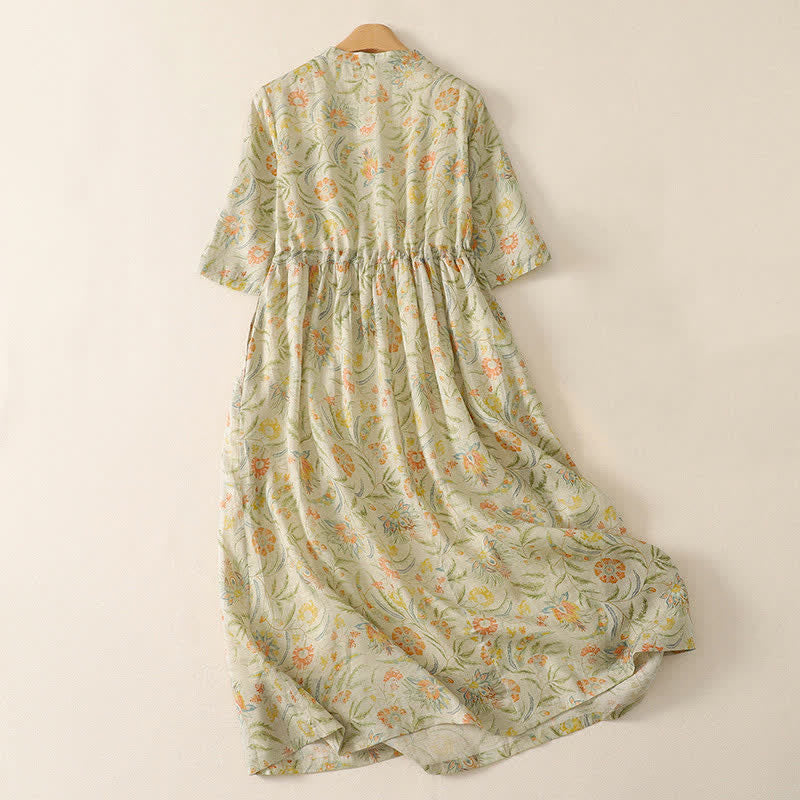 Buddha Stones Vestido de verano bohemio con cordón ajustable y estampado floral, manga corta y bolsillo para mujer. - image 1