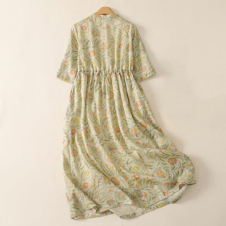 Buddha Stones Vestido de verano bohemio con cordón ajustable y estampado floral, manga corta y bolsillo para mujer. - image 1