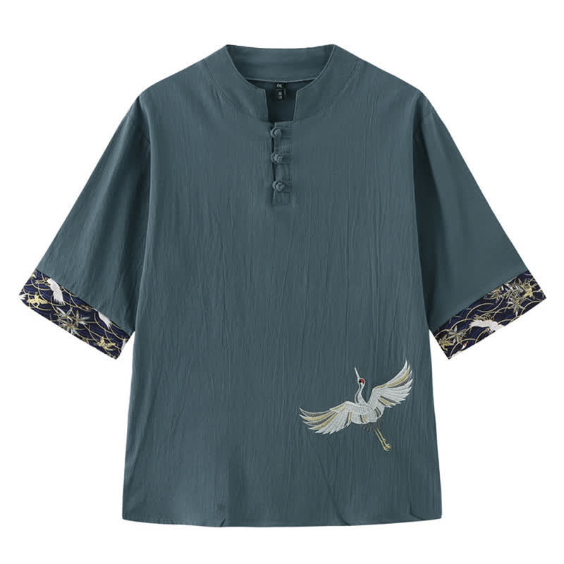 Buddha Stones Camisas de manga corta para hombre estilo Summer Tang Vintage Frog Button Crane - Azul cadete - US/UK/AU46, EU56 (5XL) - image 0