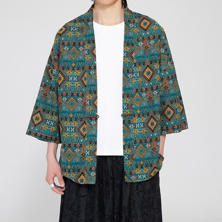 Buddha Stones Kimono de hombre estilo bohemio casual con bolsillos de parche y estampado geométrico, ideal para primavera y verano. - image 2