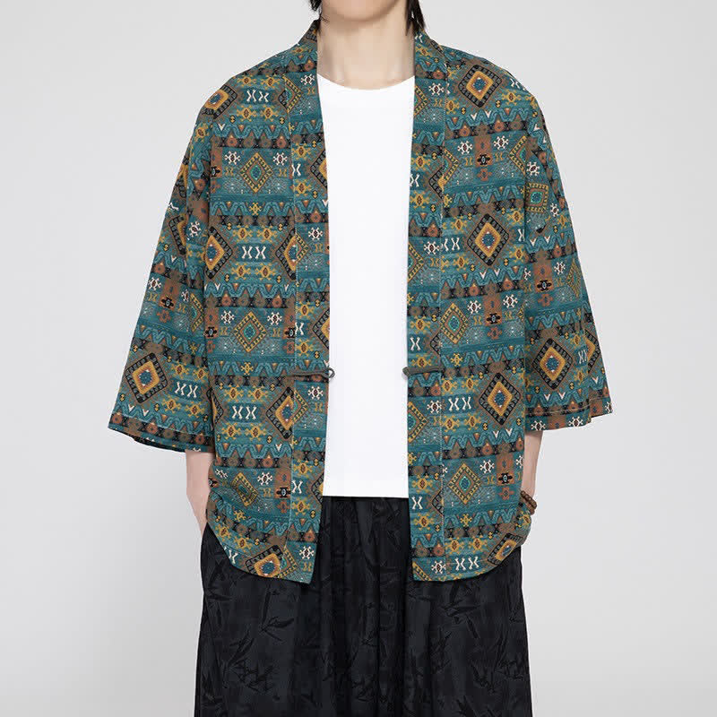 Buddha Stones Kimono de hombre estilo bohemio casual con bolsillos de parche y estampado geométrico, ideal para primavera y verano. - Verde azulado - US/UK/AU46, EU56 (5XL) - image 0
