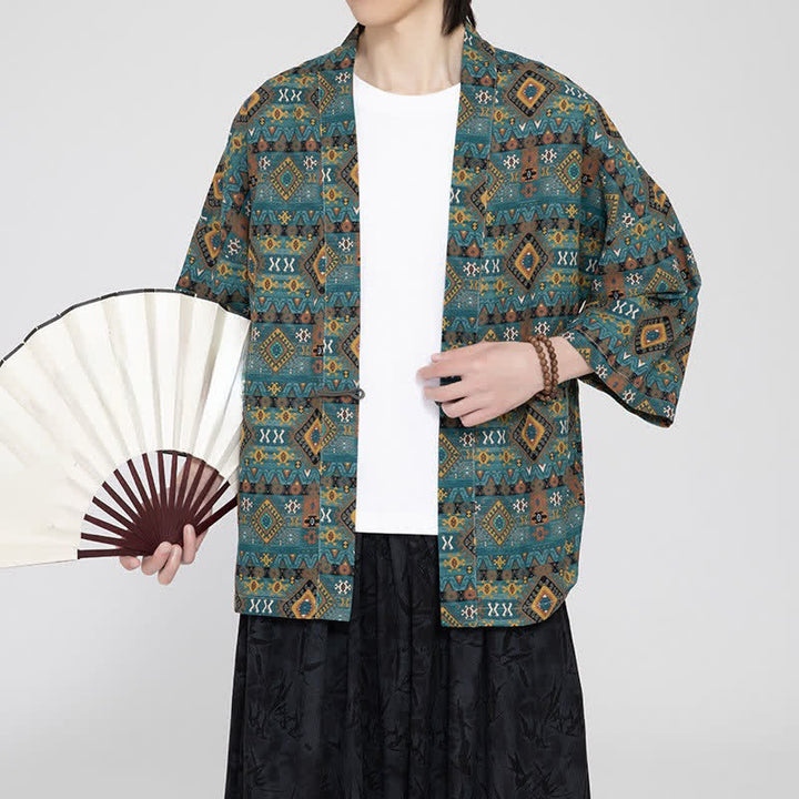Buddha Stones Kimono de hombre estilo bohemio casual con bolsillos de parche y estampado geométrico, ideal para primavera y verano. - image 5