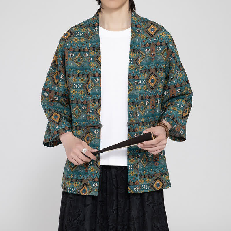 Buddha Stones Kimono de hombre estilo bohemio casual con bolsillos de parche y estampado geométrico, ideal para primavera y verano. - image 3