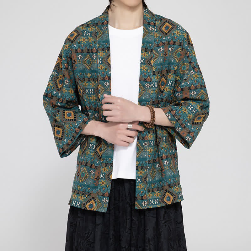 Buddha Stones Kimono de hombre estilo bohemio casual con bolsillos de parche y estampado geométrico, ideal para primavera y verano. - image 4