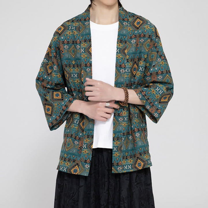 Buddha Stones Kimono de hombre estilo bohemio casual con bolsillos de parche y estampado geométrico, ideal para primavera y verano. - image 4