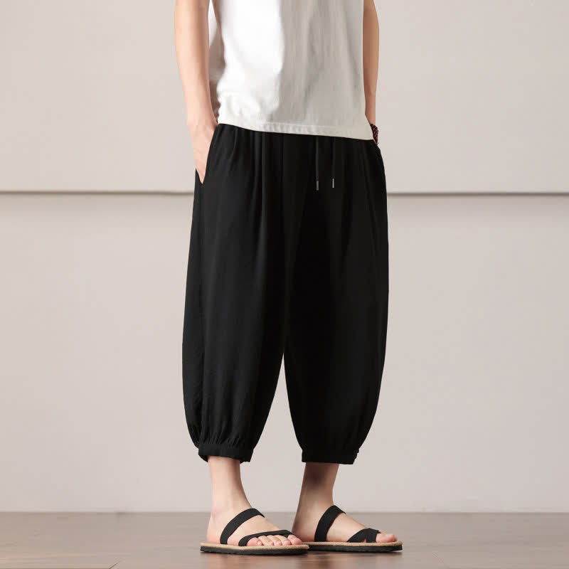 Buddha Stones Pantalones capri lisos informales de verano con cordón ajustable para hombre, estilo harem, con bolsillo. - image 21
