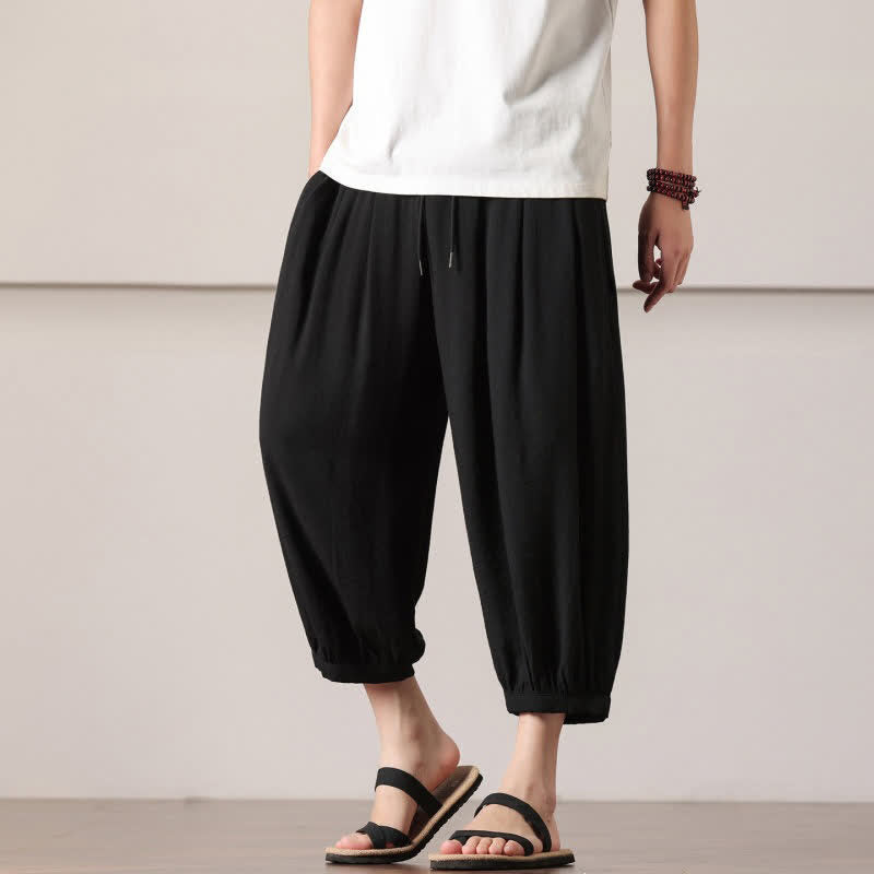 Buddha Stones Pantalones capri lisos informales de verano con cordón ajustable para hombre, estilo harem, con bolsillo. - image 22