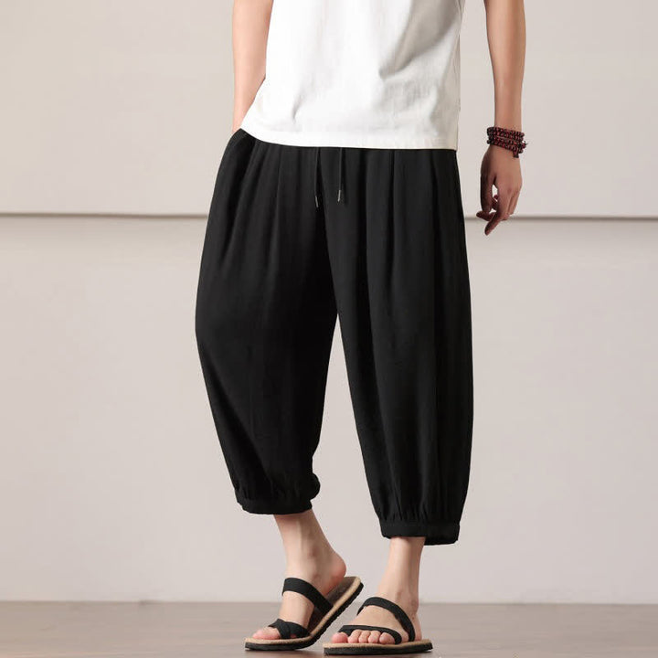 Buddha Stones Pantalones capri lisos informales de verano con cordón ajustable para hombre, estilo harem, con bolsillo. - image 22