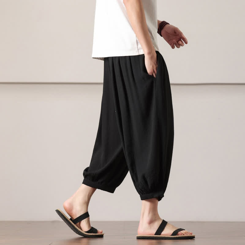 Buddha Stones Pantalones capri lisos informales de verano con cordón ajustable para hombre, estilo harem, con bolsillo. - image 24