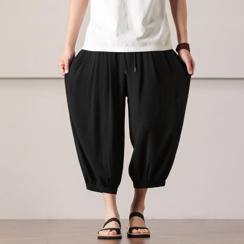 Buddha Stones Pantalones capri lisos informales de verano con cordón ajustable para hombre, estilo harem, con bolsillo. - image 23