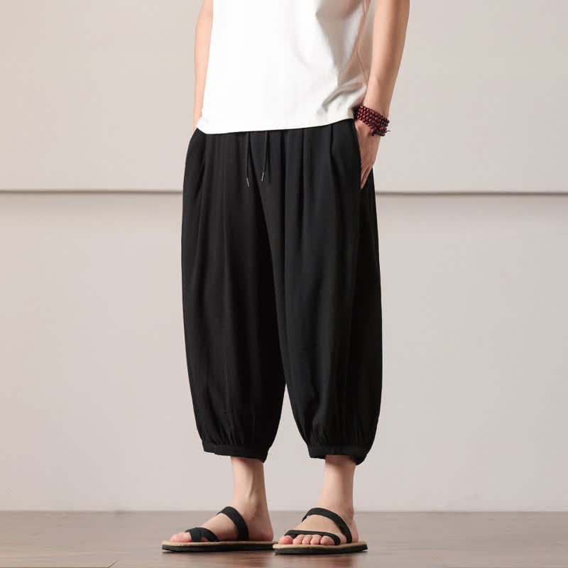Buddha Stones Pantalones capri lisos informales de verano con cordón ajustable para hombre, estilo harem, con bolsillo. - image 20