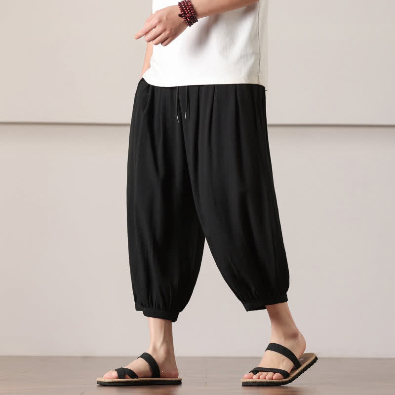 Buddha Stones Pantalones capri lisos informales de verano con cordón ajustable para hombre, estilo harem, con bolsillo. - image 27