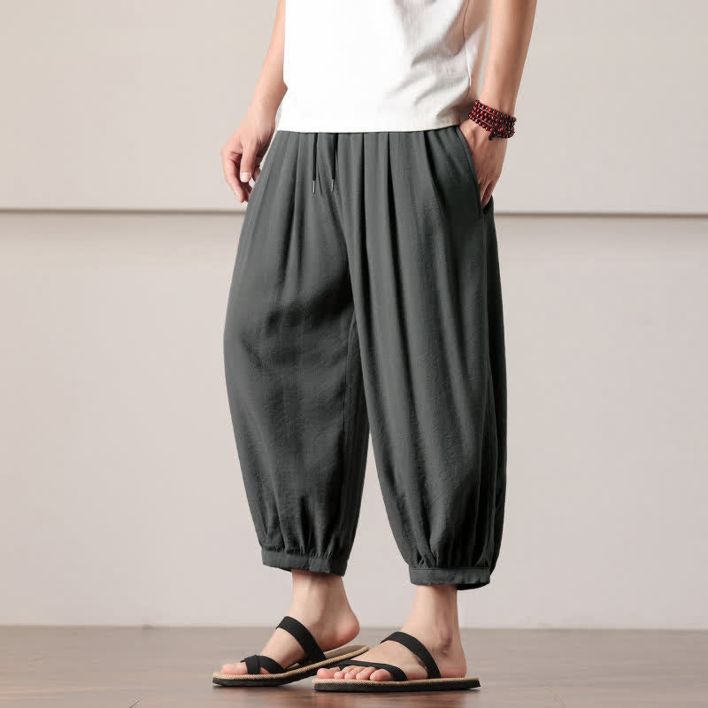 Buddha Stones Pantalones capri lisos informales de verano con cordón ajustable para hombre, estilo harem, con bolsillo. - image 1