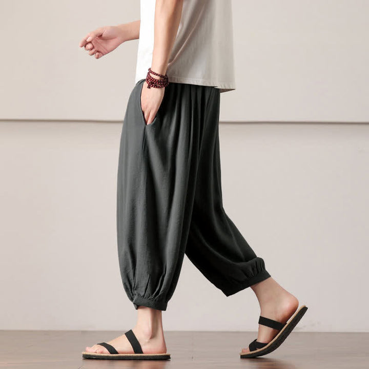 Buddha Stones Pantalones capri lisos informales de verano con cordón ajustable para hombre, estilo harem, con bolsillo. - image 5