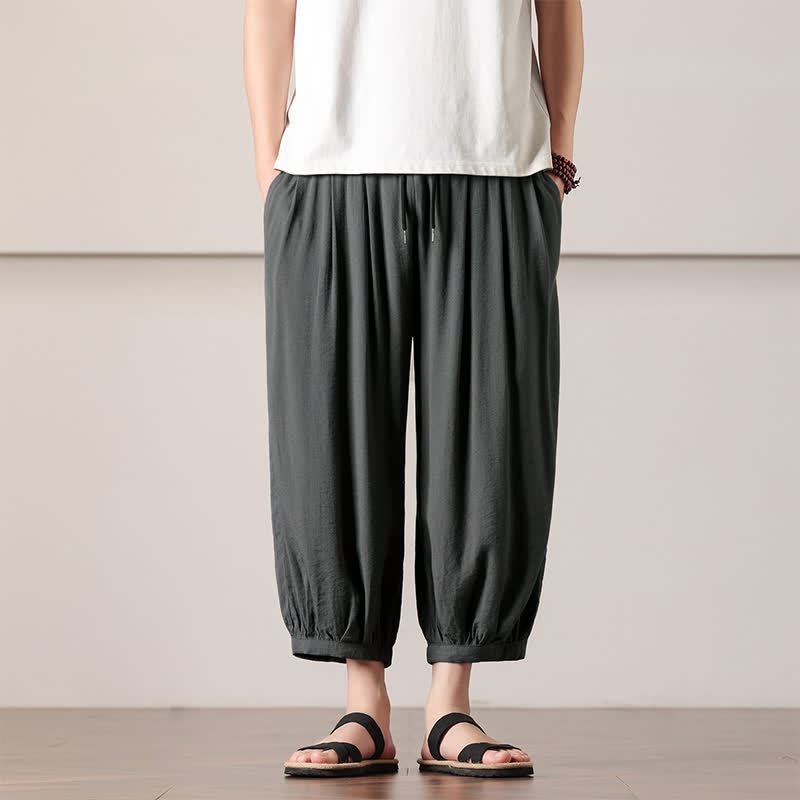 Buddha Stones Pantalones capri lisos informales de verano con cordón ajustable para hombre, estilo harem, con bolsillo. - Gris oscuro - US/UK/AU46, EU56 (5XL) - image 0