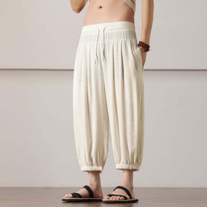 Buddha Stones Pantalones capri lisos informales de verano con cordón ajustable para hombre, estilo harem, con bolsillo. - image 9
