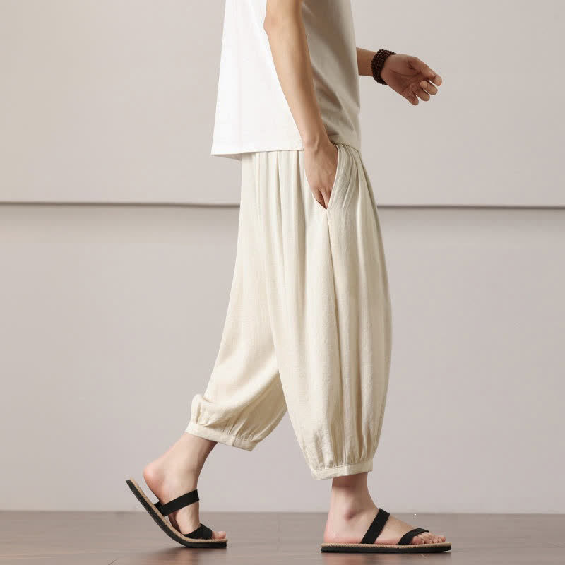 Buddha Stones Pantalones capri lisos informales de verano con cordón ajustable para hombre, estilo harem, con bolsillo. - image 15