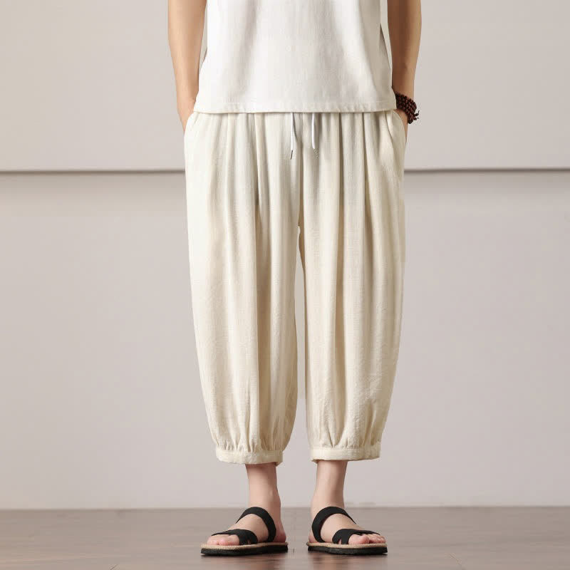 Buddha Stones Pantalones capri lisos informales de verano con cordón ajustable para hombre, estilo harem, con bolsillo. - Blanco antiguo - US/UK/AU46, EU56 (5XL) - image 8