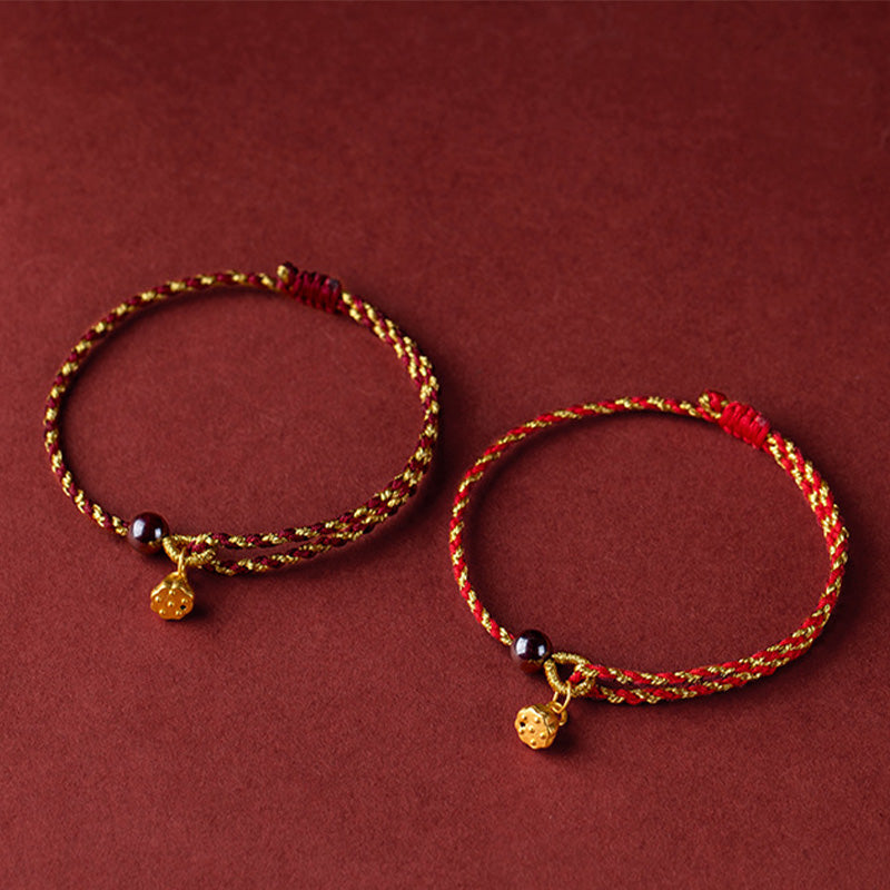 Pulsera trenzada con dije de paz y alegría de loto de cuerda de oro rojo hecha a mano con Buddha Stones