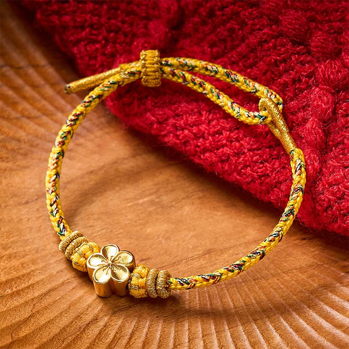 Buddha Stones Pulsera de cuerda trenzada amarilla con flores y raíces - Amarillo - Con accesorio de flor dorada - image 8