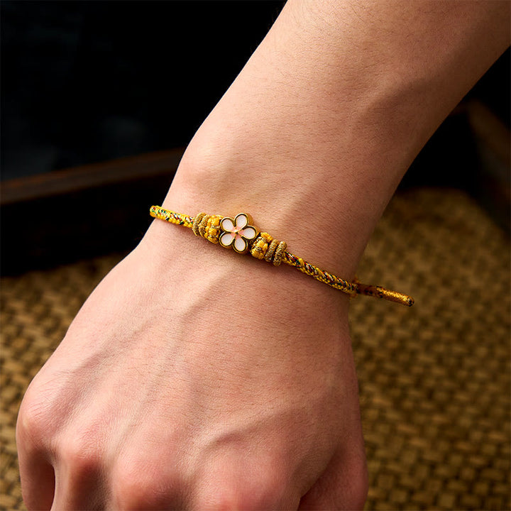 Buddha Stones Pulsera de cuerda trenzada amarilla con flores y raíces - image 5