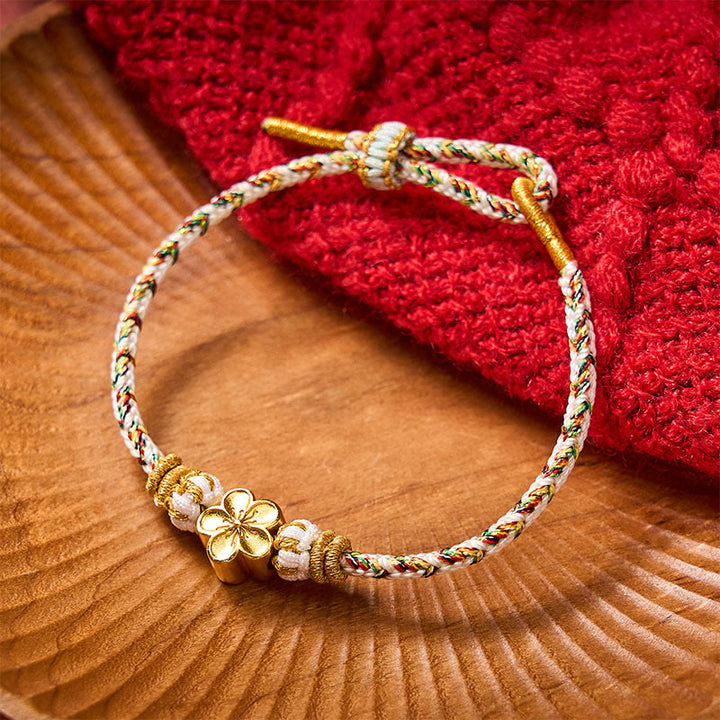 Buddha Stones Pulsera con diseño floral de cuerda trenzada blanca - Blanco - Con accesorio de flor dorada - image 7