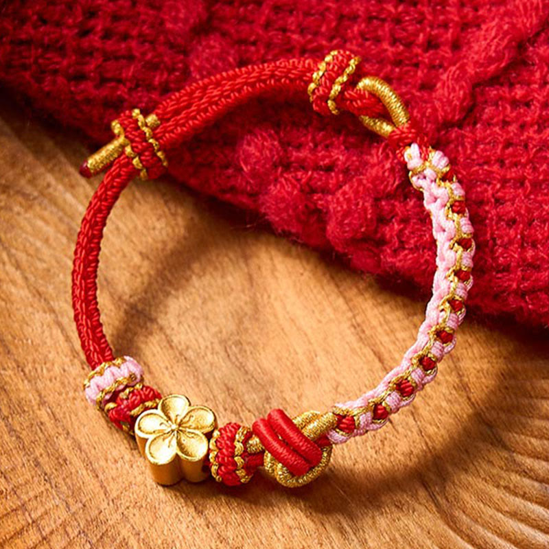 Buddha Stones Pulsera ajustable con nudo de cuerda trenzada - Rojo con accesorio de flores - image 0