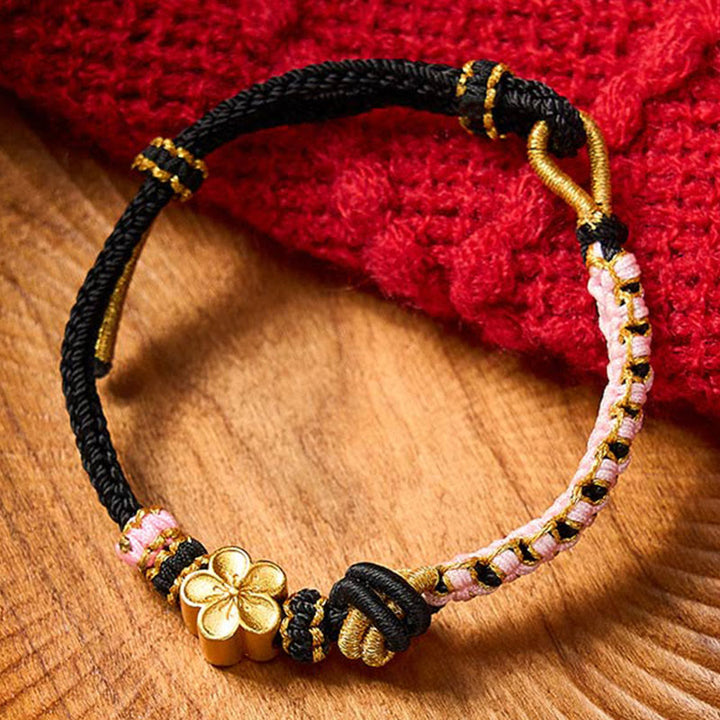 Buddha Stones Pulsera ajustable con nudo de cuerda trenzada - Negro con accesorio de flor - image 6