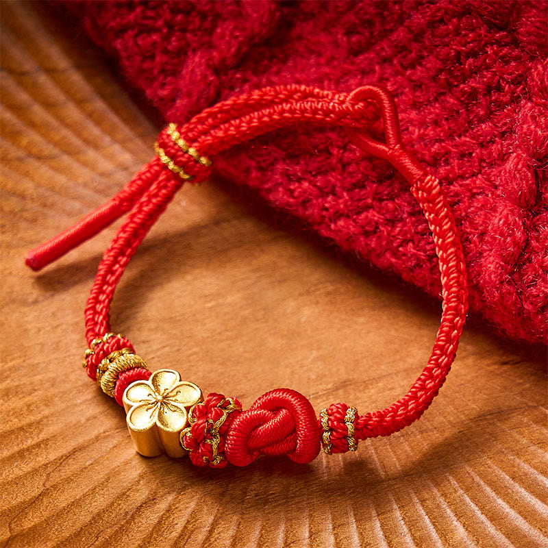 Buddha Stones Pulsera ajustable con nudo de cuerda trenzada y flores - Rojo con accesorio de flores - image 7