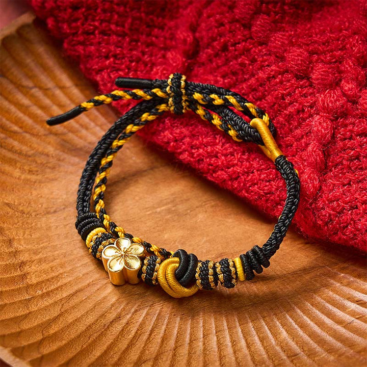 Buddha Stones Pulsera ajustable de doble vuelta con nudo de cuerda trenzada y flores - Negro con accesorio de flor - image 11