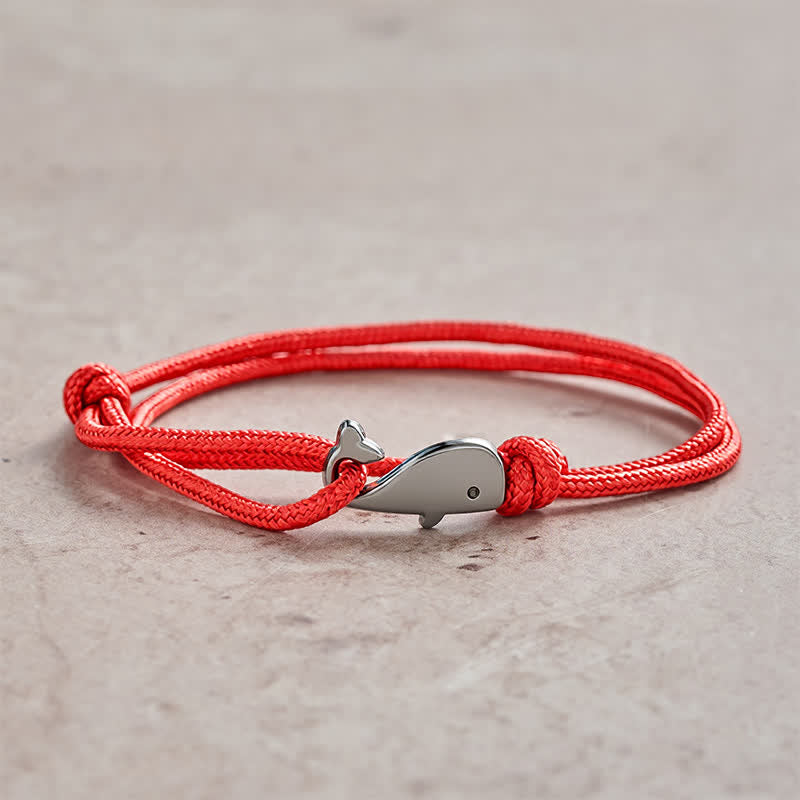 Buddha Stones Pulsera de conexión de ballena con cuerda trenzada de doble vuelta - Rojo - image 0