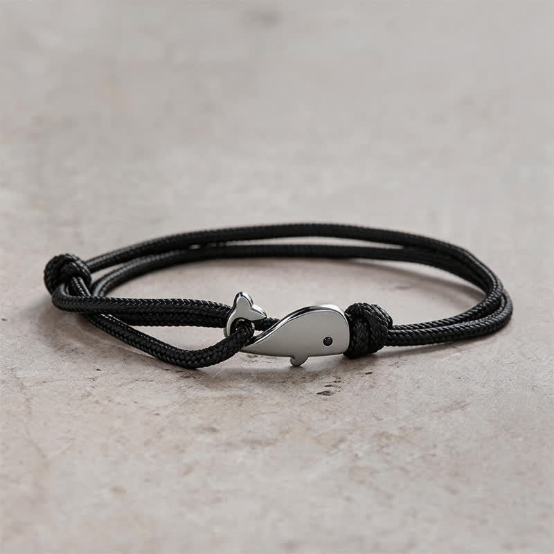 Buddha Stones Pulsera de conexión de ballena con cuerda trenzada de doble vuelta - Negro - image 8