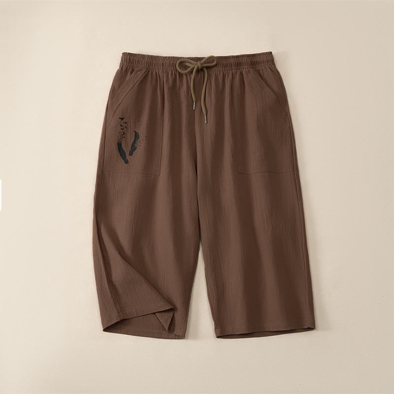 Buddha Stones Pantalones capri casuales de verano con cordón ajustable, color liso, para hombre, pierna recta y bolsillos. - Tierra de siena - US/UK/AU42, EU52 (3XL) - image 0