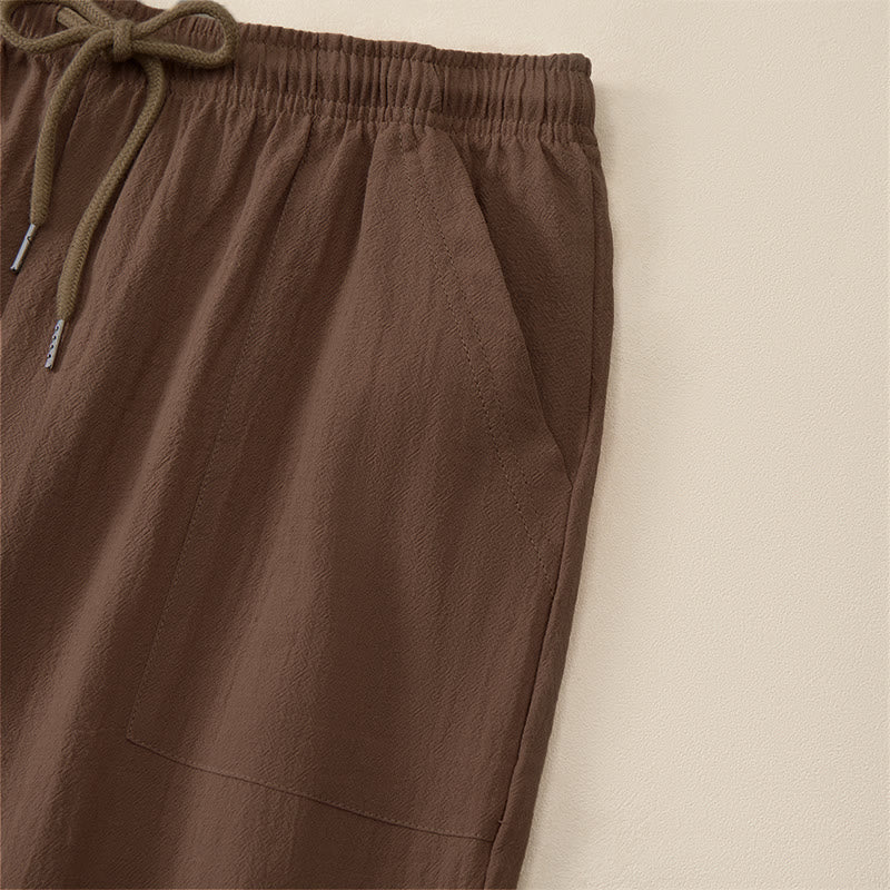 Buddha Stones Pantalones capri casuales de verano con cordón ajustable, color liso, para hombre, pierna recta y bolsillos. - image 4
