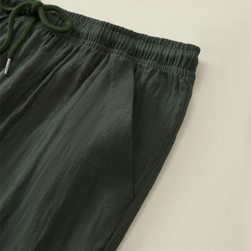 Buddha Stones Pantalones capri casuales de verano con cordón ajustable, color liso, para hombre, pierna recta y bolsillos. - image 11