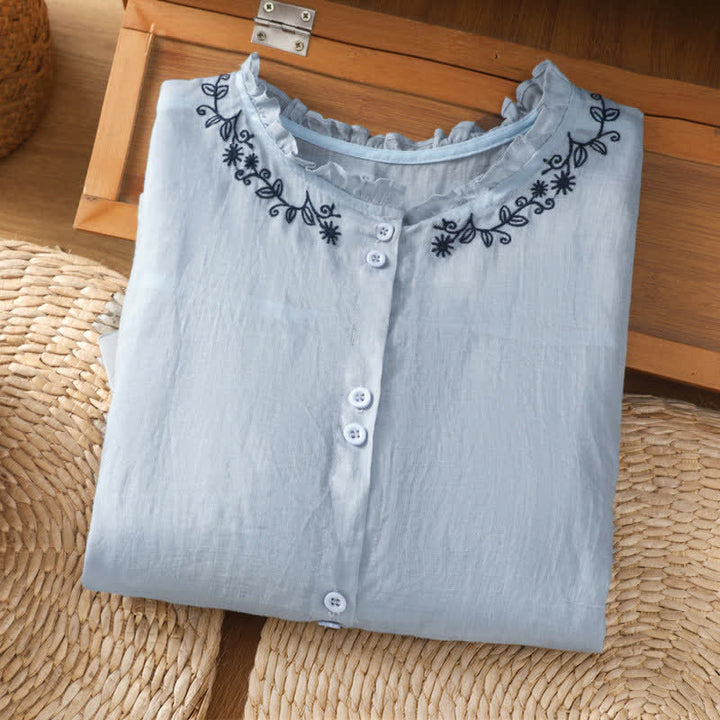 Buddha Stones Camisa de manga tres cuartos para mujer, estilo casual veraniego, color azul claro, con bordados y botones. - image 2