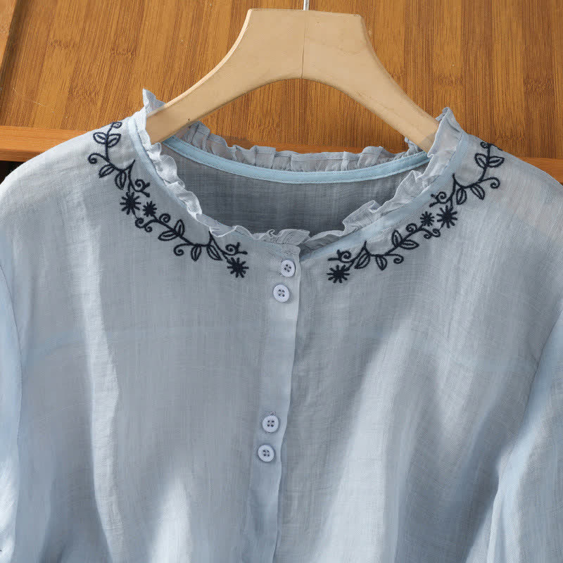 Buddha Stones Camisa de manga tres cuartos para mujer, estilo casual veraniego, color azul claro, con bordados y botones. - image 3
